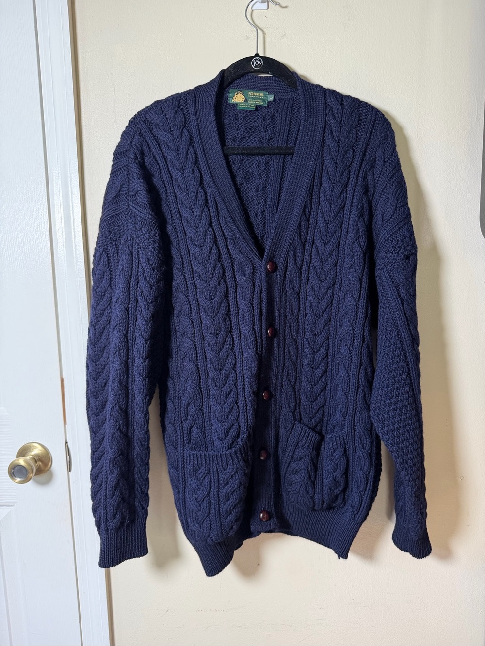 Peregrine Made in England Pure New Wool Cable Knit Cardigan Navy Medium